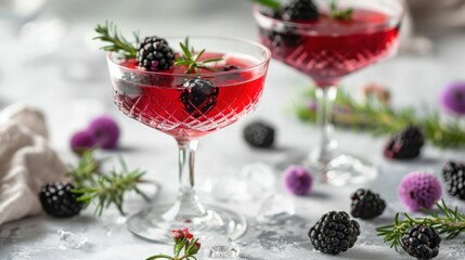 Two Vibrant Cocktails With Blackberries And Herbs Served In Elegant