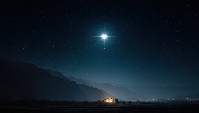 Illuminated star shines above a small dwelling, nestled amongst mountains under a starlit night sky - Powered by Adobe