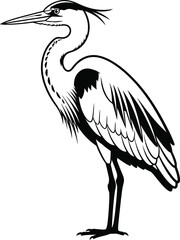 Obraz premium A black and white illustration of a heron standing on one leg