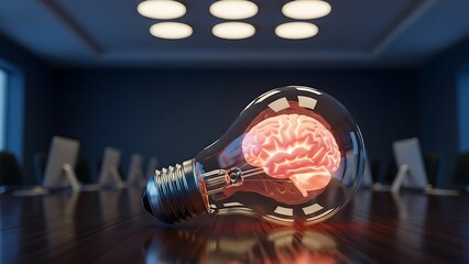 Glowing lightbulb with brain inside symbolizing innovation and creativity in a modern office setting