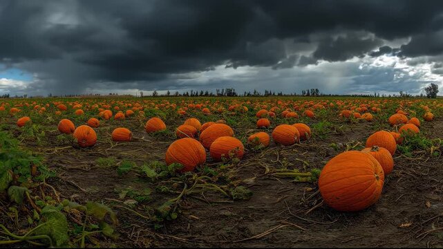 Pumpkin patch growing under a cloudy sky during fall season