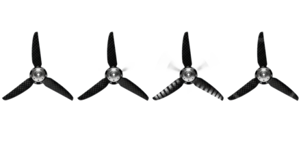 matte black carbon fiber propeller, four rotation states (static to blur) in a quadriptych layout. isolated on high-key white background with speed progression text concept of motion dynamics