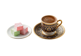 turkish coffee with ornate cup and colorful turkish delight on a decorative saucer