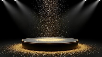Golden glitter particles sparkle and fall onto an elegant podium stage under bright spotlights in a dark luxurious setting