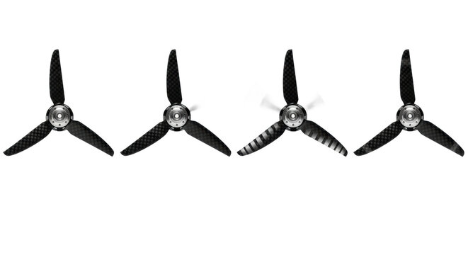 matte black carbon fiber propeller, four rotation states (static to blur) in a quadriptych layout. isolated on high-key white background with speed progression text concept of motion dynamics
