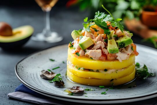 Causa limena with tuna avocado and fresh herbs