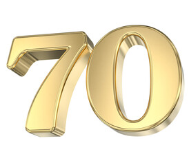 Luxury Golden 70 Anniversary Number or Seventy Year Celebration Milestone 3D Render Isolated on White Background