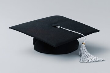Minimalist product photo: black mortarboard cap with tassel on bright white surface