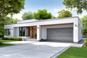 Modern house facade with white walls and garage door