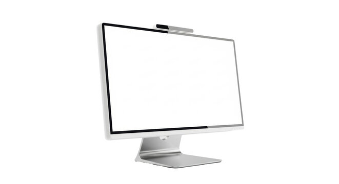 Hyper-detailed ultra-modern aio computer, frosted white casing, blank screen, and silver stand, isolated in soft high-key studio light against an infinite white background. Concept for commercial