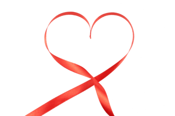 red gift ribbon band in heart shape isolated on white or transparent png