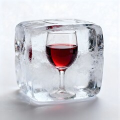 A glass of red wine inside the ice cube 