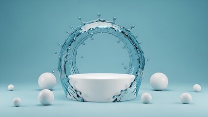 Dynamic water splash forming a circular ring above a sleek white podium stand surrounded by smooth white spheres on a clean blue background