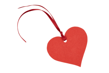 red heart shaped gift tag or price tag with gift ribbon band isolated on white or transparent png