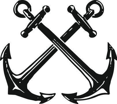 Vintage crossed nautical anchors silhouette icon for maritime marine and ocean travel adventure, cad drawing flat vector illustration on a white background.