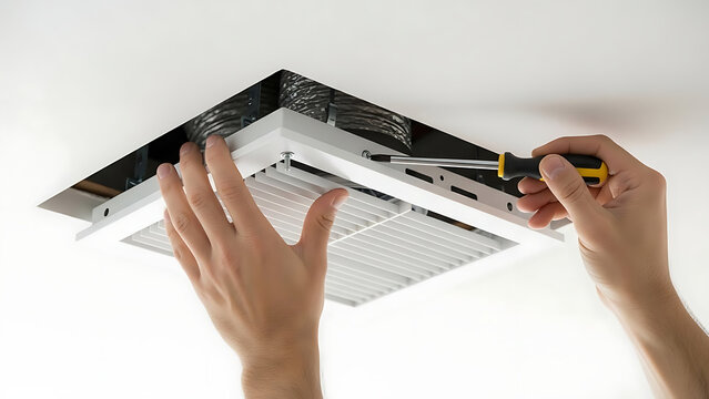 Hands repairing an air vent on a white ceiling with a screwdriver