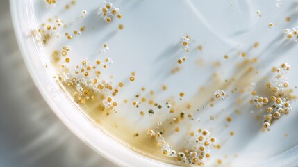Microorganisms growing in a petri dish under laboratory conditions in a science lab