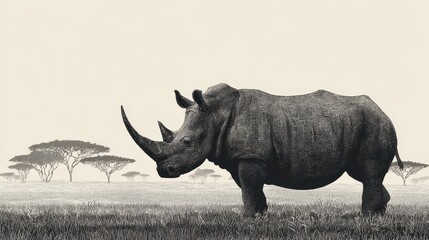 Monochrome rhinoceros in the African savanna &acirc;&euro;&rdquo; grayscale wildlife art collection on a clean white background