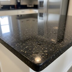 Dark Speckled Kitchen Countertop with Water Droplets in a Modern Home Setting