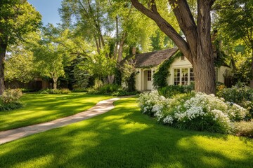 Charming cottage with a winding path through a lush green yard on a sunny day