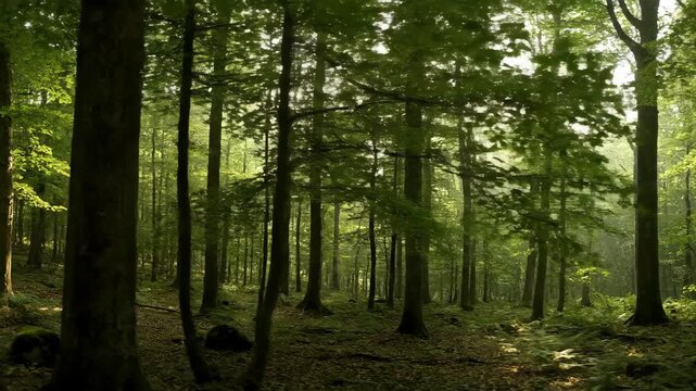 Scenic view inside a dense temperate forest with bright sunbeams filtering through the tree canopy, highlighting the lush green foliage and mystical woodland floor.