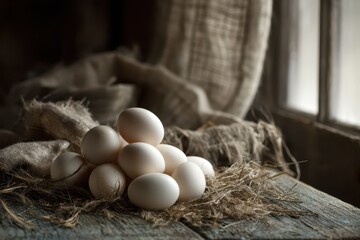 Morning light highlights a tranquil collection of goose eggs in a rural setting