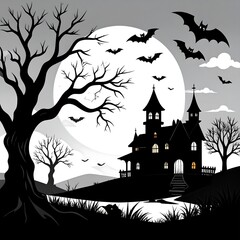 Spooky Halloween Night - Haunted House, Bats, and Full Moon.