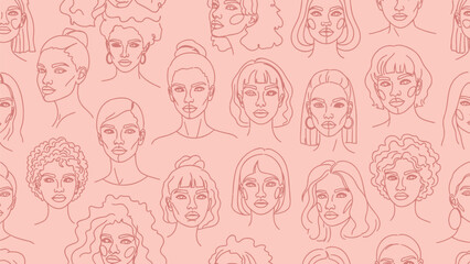 Diverse group of women's faces in minimalist line art on soft pink background for creative projects