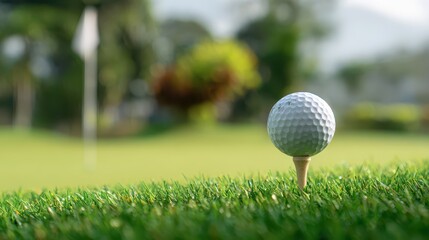 Morning light on a calm green putting surface with a ball on a tee and a nearby hole marker