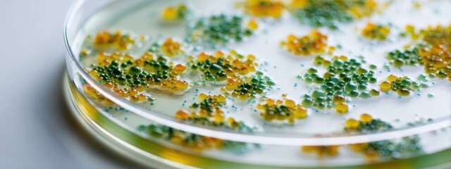 Bacterial growth in a petri dish shows diverse colors and shapes in a lab setting