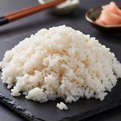 Freshly cooked fluffy white rice pile served on a dark slate plate with blurred chopsticks and pickled ginger in the background, ready for a meal.