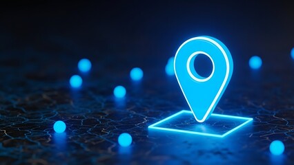 Glowing blue location pin marker on a dark surface symbolizing gps navigation and digital connectivity