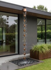 Rainwater cascading down a modern copper rain chain into a pebble basin on a contemporary building.