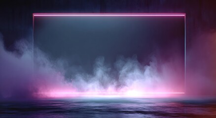 Glowing pink and purple neon rectangle frame with swirling smoke on dark concrete floor and wall light