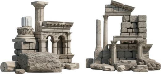 Ancient weathered stone ruins featuring crumbling columns arched doorways and fractured blocks in a classical architectural style ancient ruins stone architecture classical ruins transparent