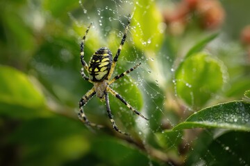 Natural garden scene with a striped spider weaving a delicate web in morning light