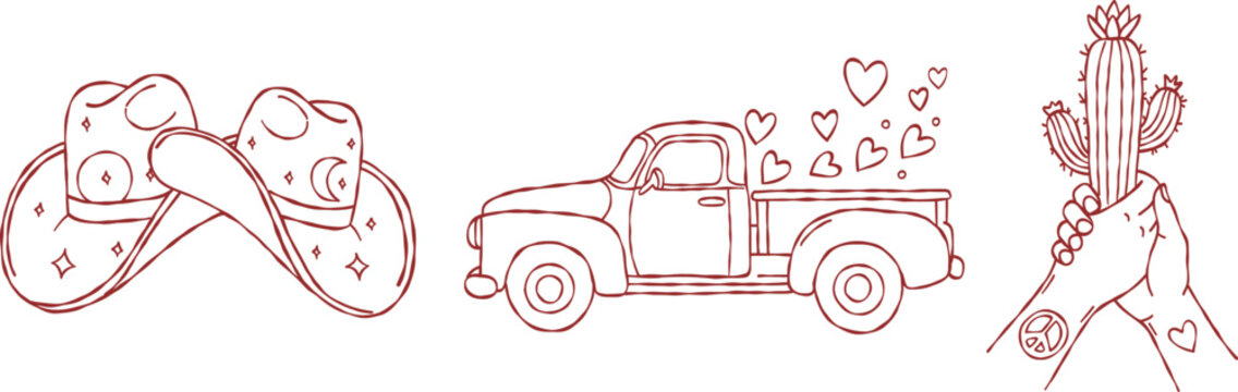Western cowboy valentine hand drawn vector line art set with vintage truck hats and cactus for boho wedding invitation aesthetic illustration print