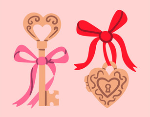 Flat style illustration of ornate heart key, matching heart locket pendant with pink and red bows on a soft pastel background, perfect for Valentine s Day cards, jewelry branding, romantic designs.