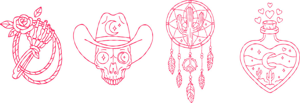 Mystical valentine hand drawn vector line art set with skeleton hand rose cowboy skull and dreamcatcher for boho wedding invitation aesthetic illustration