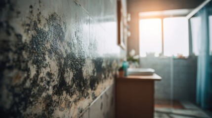 Obraz premium Mold growth on bathroom wall near window during evening light hours showing potential moisture issues