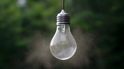 A clear glass light bulb hangs suspended by a wire with fine dust particles floating around it against a soft blurred green natural background