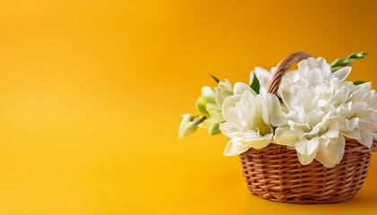 basket of fresh white flowers on yellow backdrop spring floral decoration and nature concept