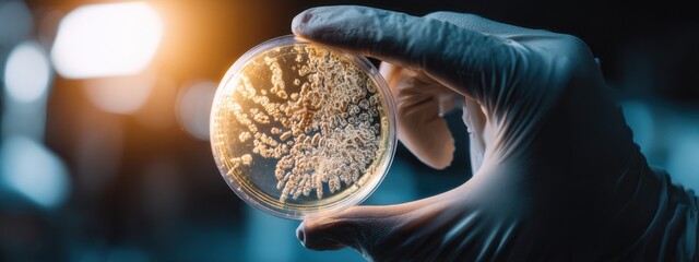 Scientist holds petri dish with microbial growth in laboratory during night hours