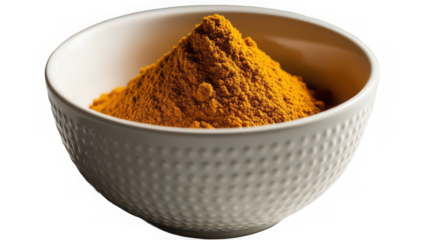 A vibrant pile of finely ground turmeric powder in a textured white ceramic bowl isolated on transparent background