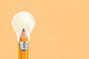 Illustration of a pencil transforming into a lightbulb against an orange background