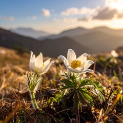 Spring Pasqueflowers in Bloom - A Mountain Meadow Scene.