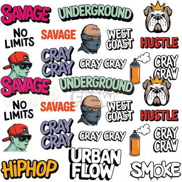 Collection of urban and hip hop style stickers and graphics