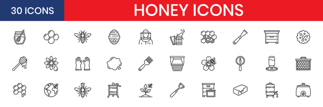 Honey apiary and beekeeping elements thin line icon set jar dipper