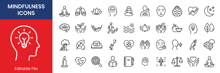 Mental wellness and self care thin line icon set