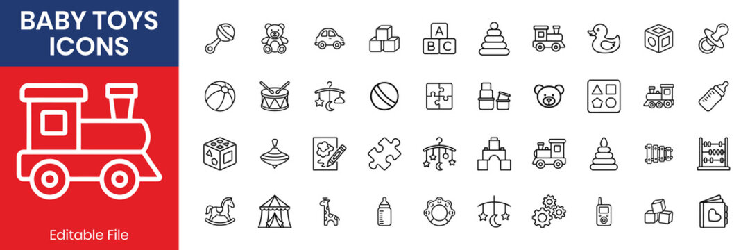 Baby toys thin line icon set rattle teddy bear